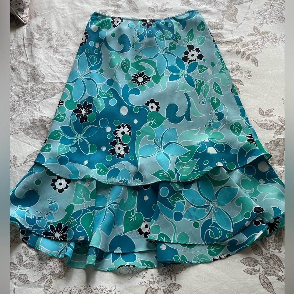 Vintage 90s Blue Floral Ruffle Pull On Slip Skirt 4 Fairy Whimsical Mermaid Boho